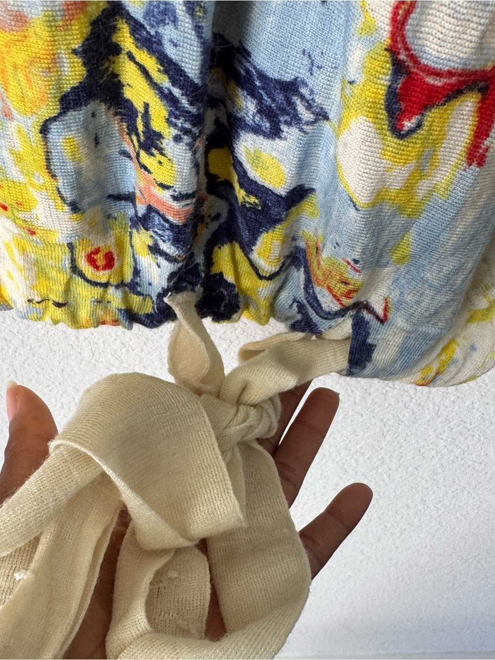 Moth Abstract Painterly V-Neck Wool Lightweight Tunic in Yellow, Red, Blue - Picture 5 of 7